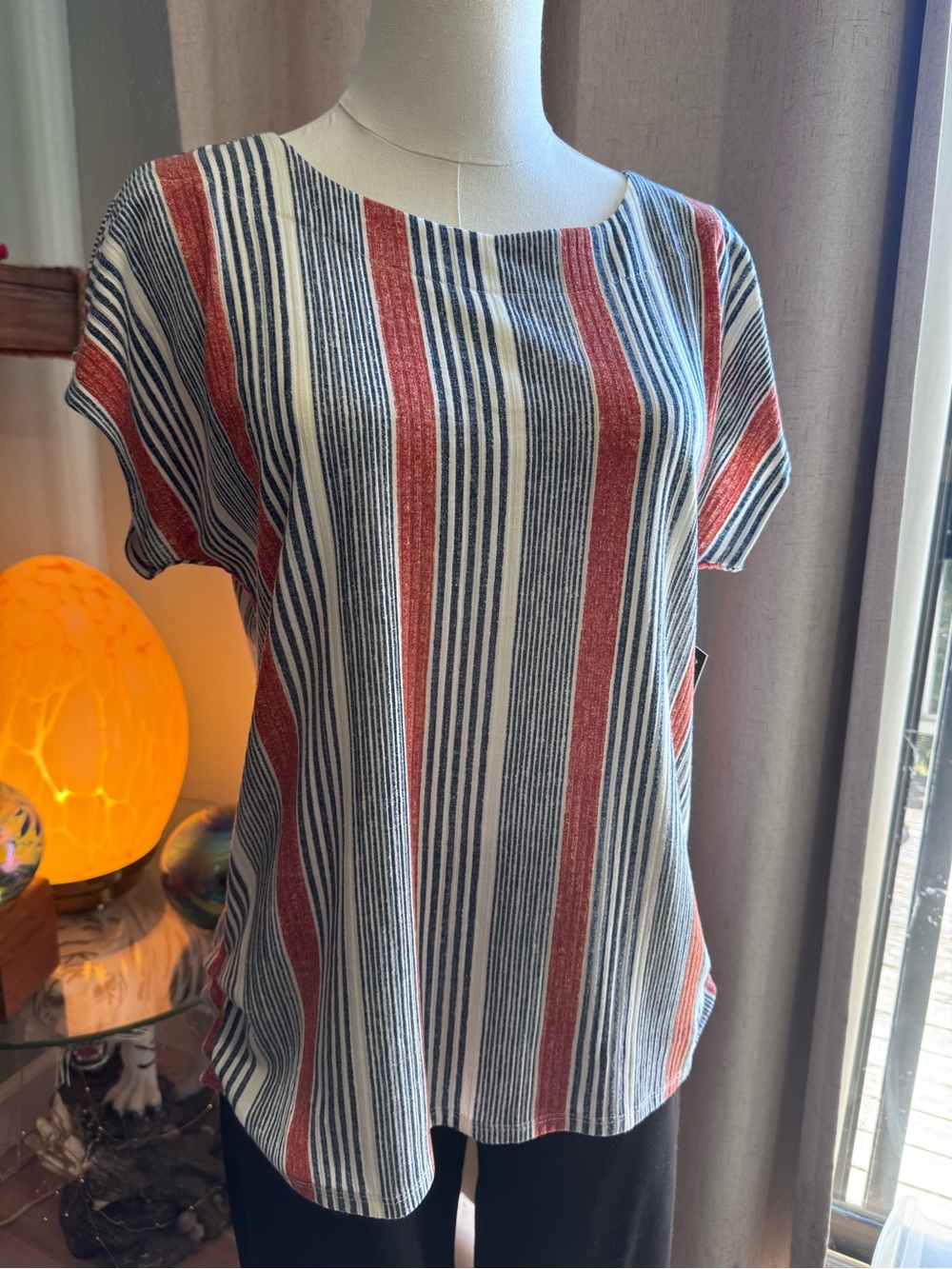 CURE. Vertical Stripe Short Sleeve Top - Red, Navy & White